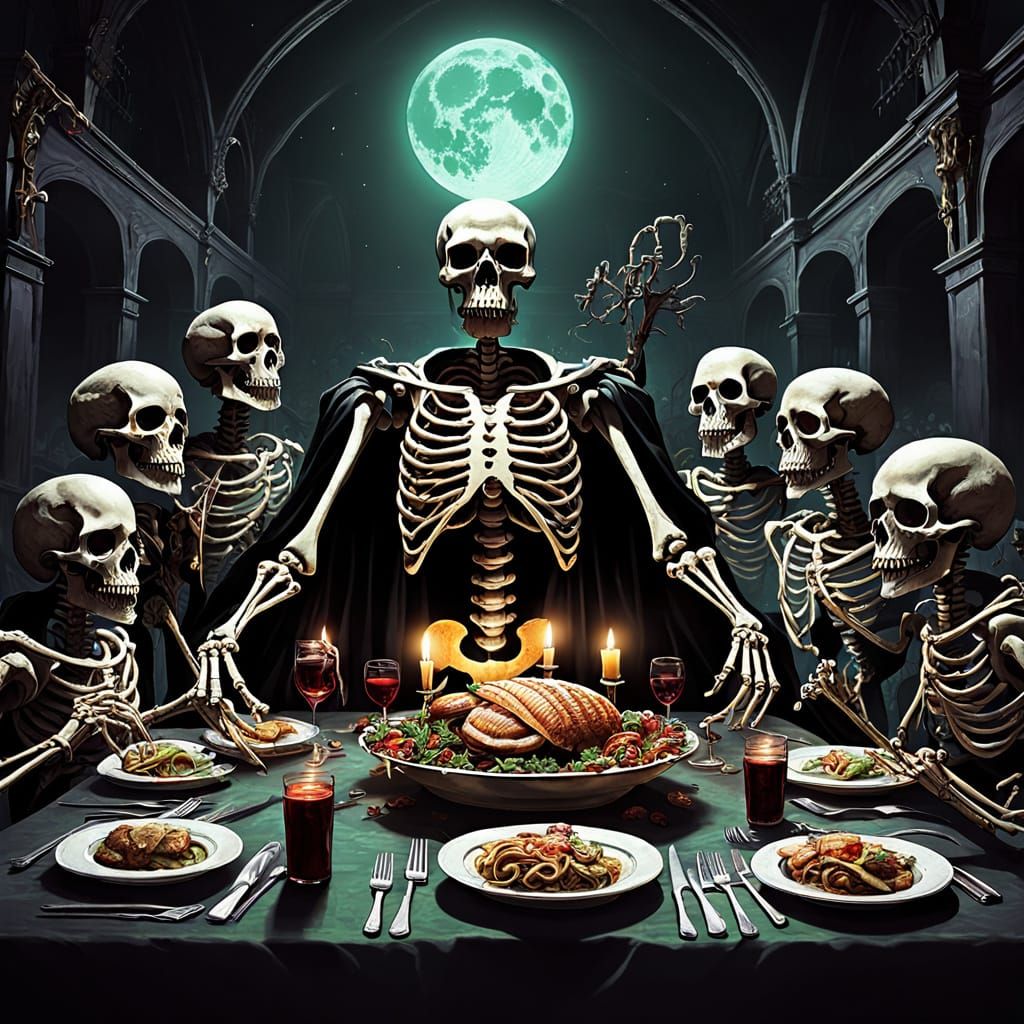 Ethereal Skeleton Banquet in Cosmic Horror Style