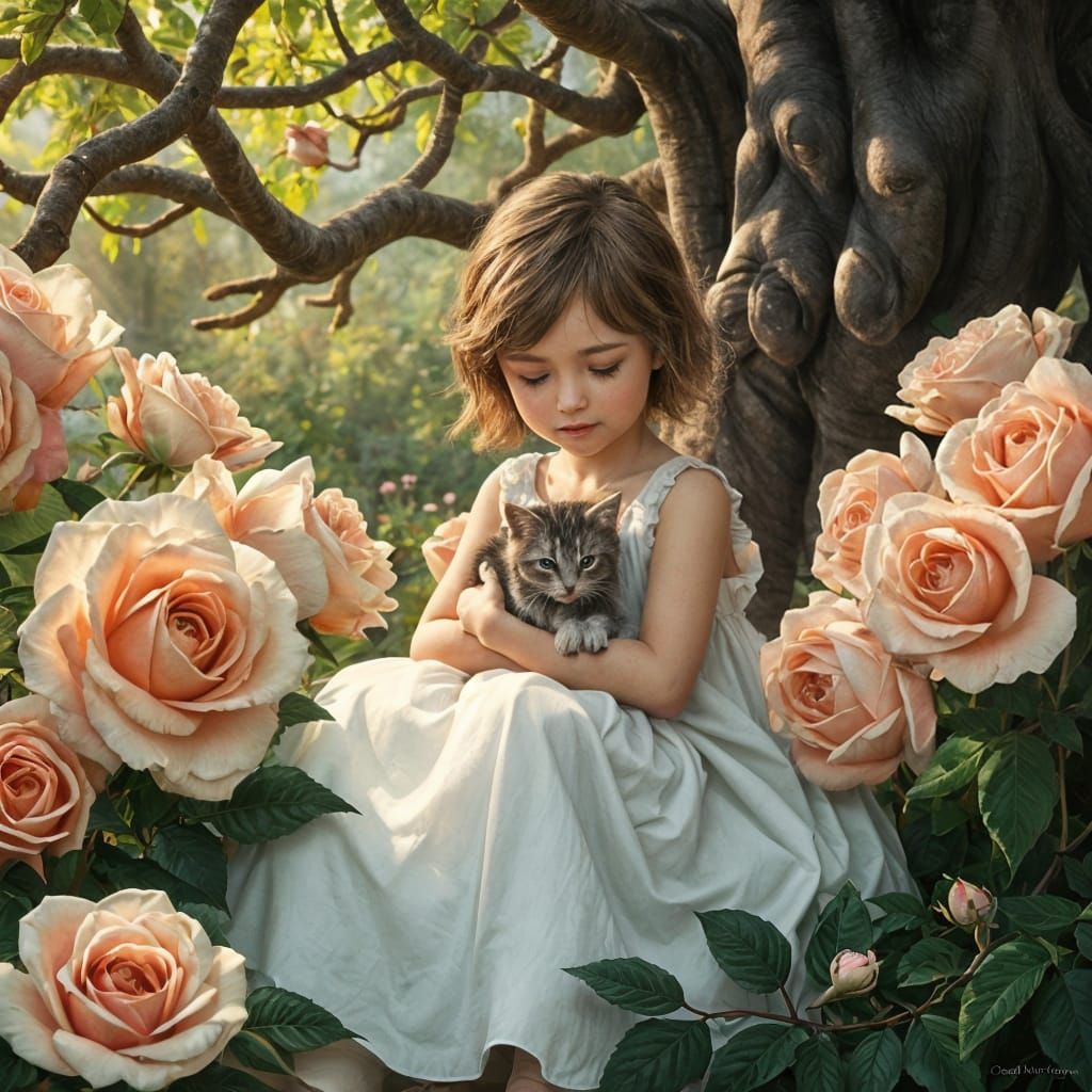 Whimsical Garden Scene with Girl and Kitten