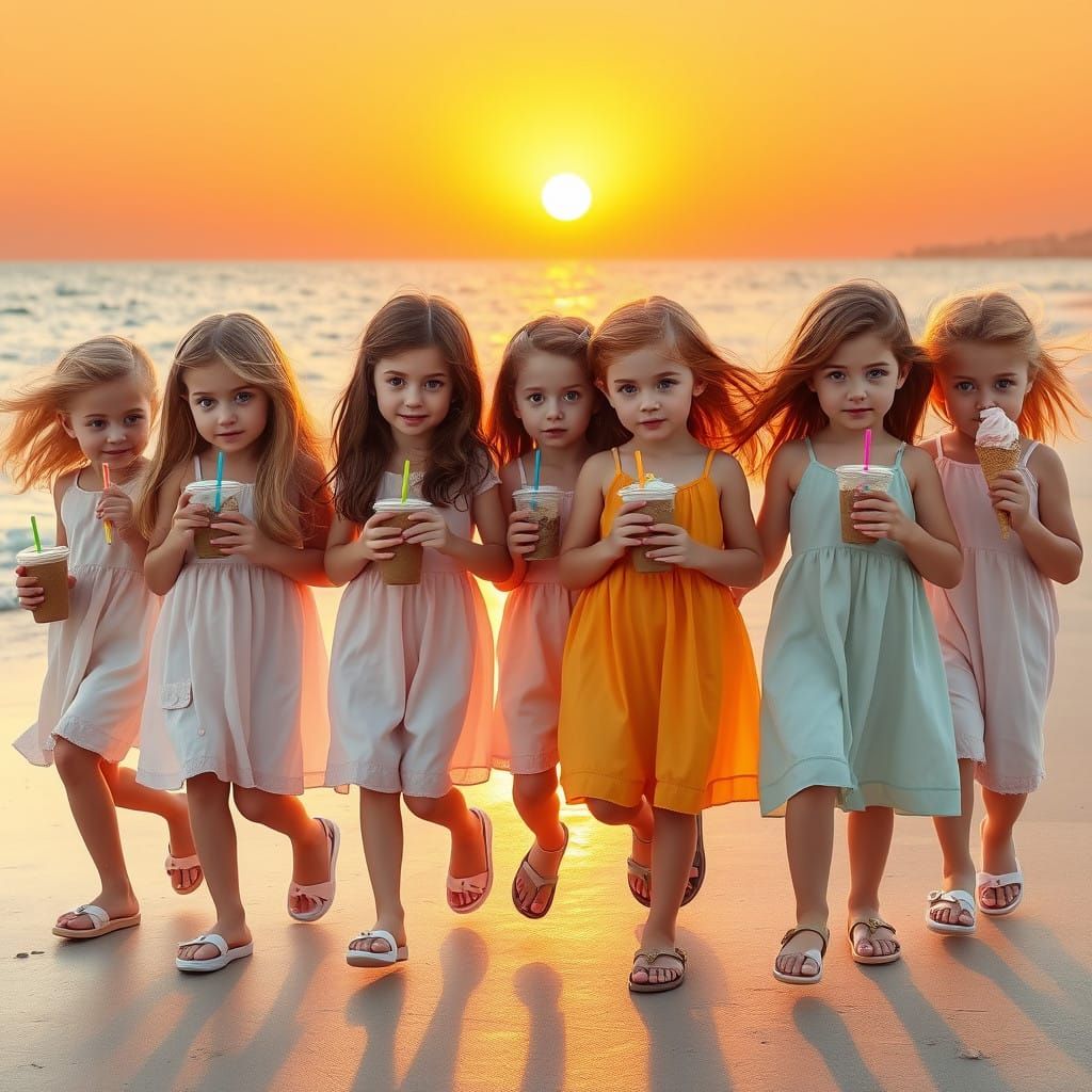 Surreal Beach Scene with Eight Colorful Girls in Whimsical S...