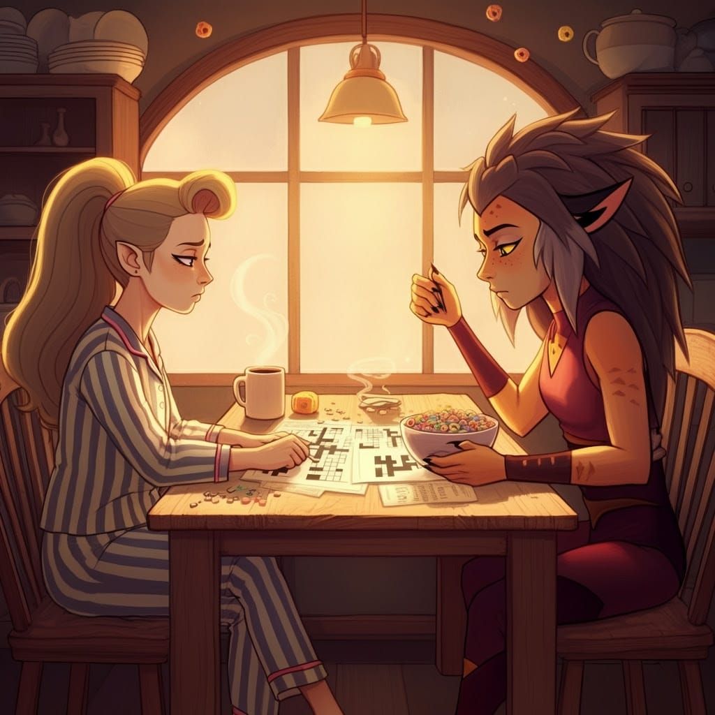 Whimsical Morning Friends Work on Crossword Puzzle Together