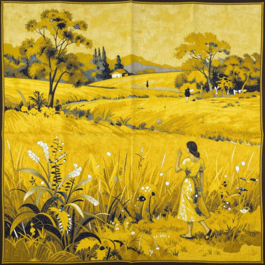 Vibrant Yellow Landscape in Cracked Batik Silk Style