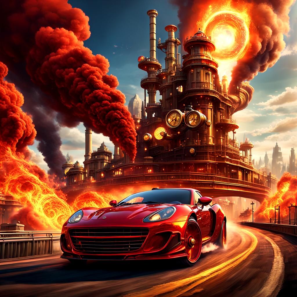 Steampunk Supercar Race Through Fantasy Cityscape