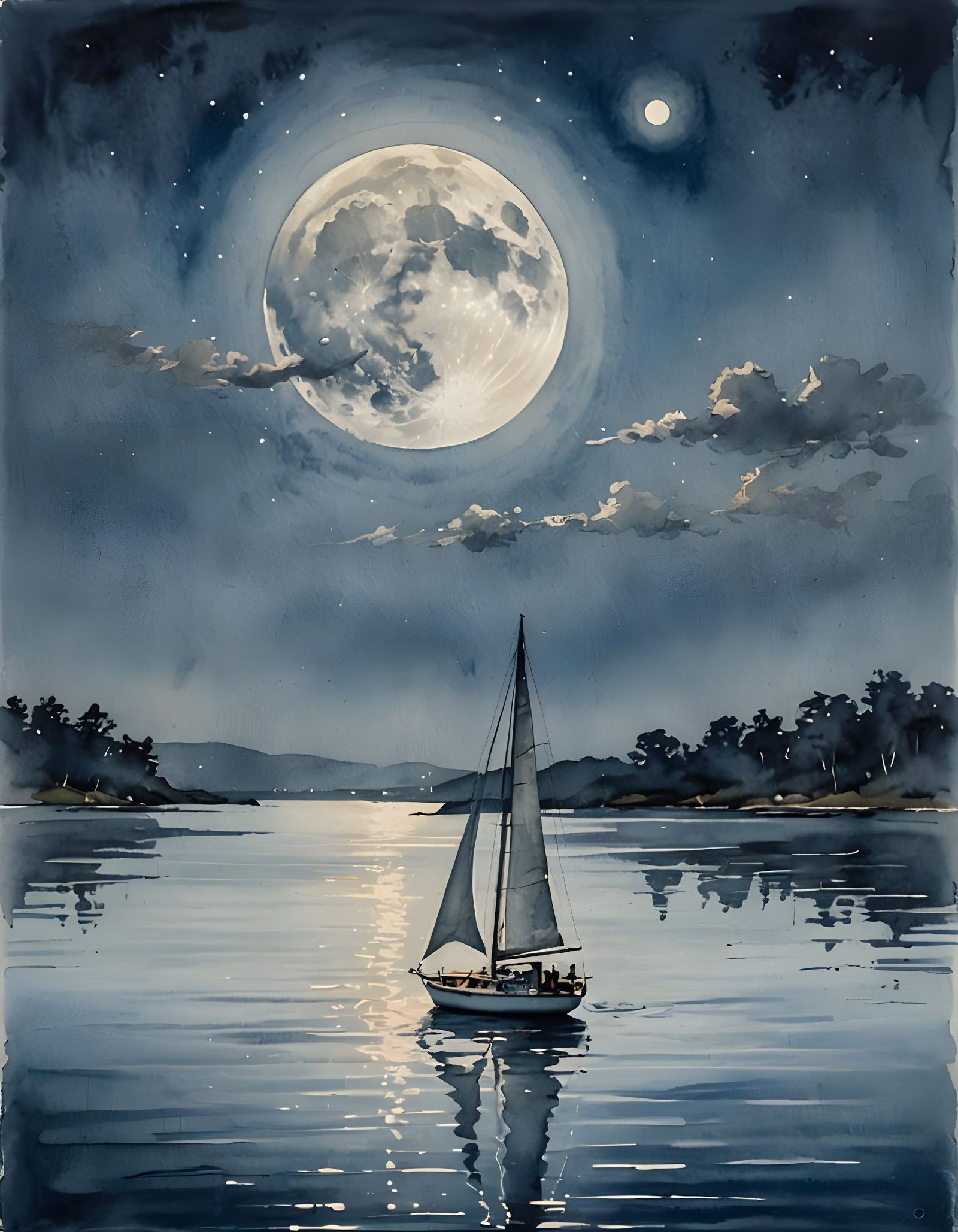 Watercolor Sailboat Silhouetted by Full Moon