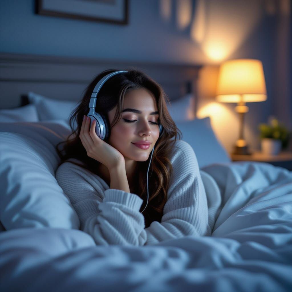 Young Woman Relaxing in Bed at Night