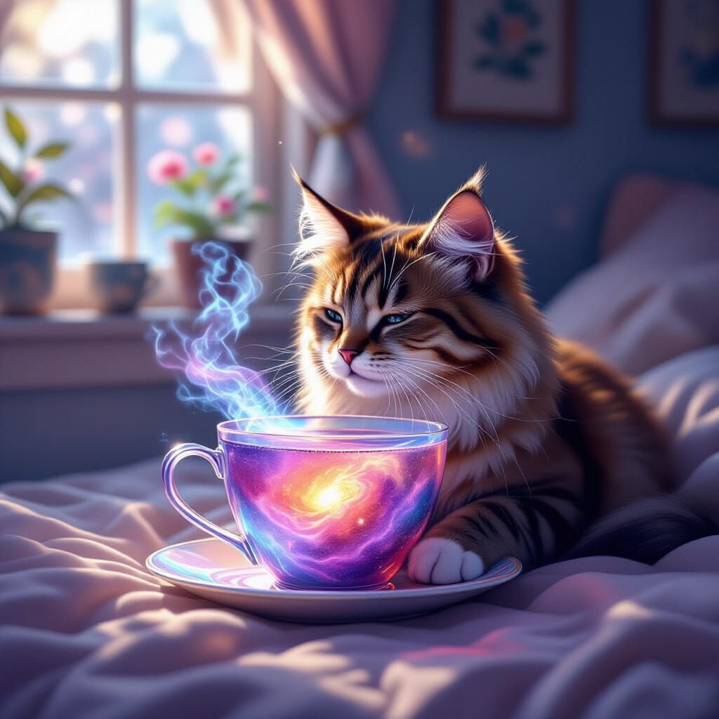 Cat Sipping Nebula Tea, Dreamy Ethereal Art