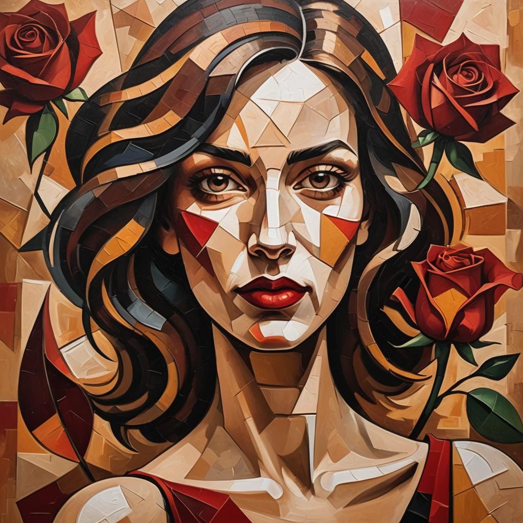 Cubist Woman with Crimson Rose in Geometric Style