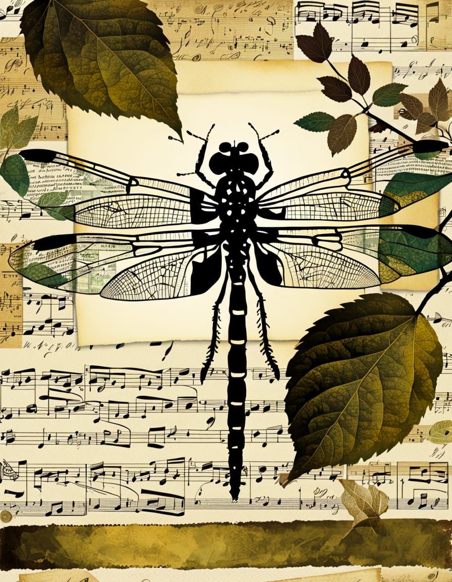 Vintage Dragonfly Collage with Botanical Elements