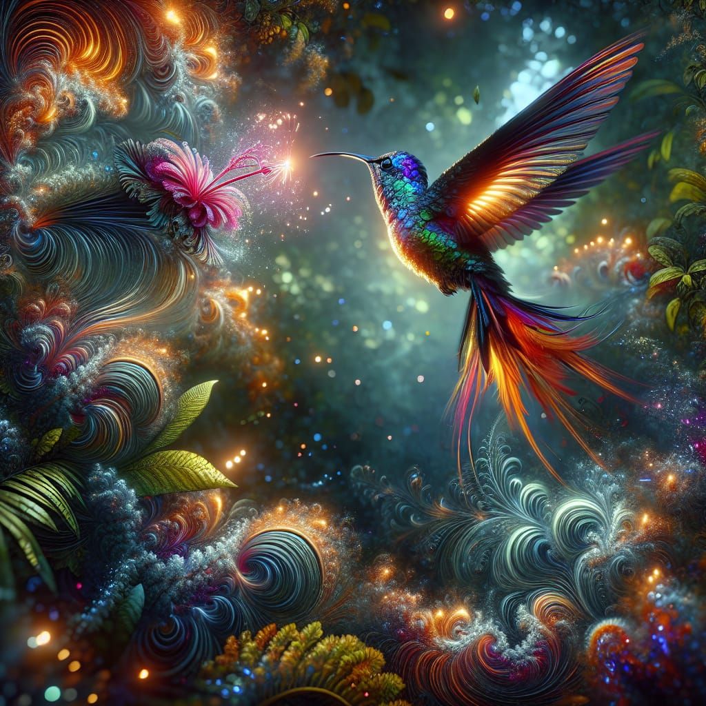 Iridescent Hummingbird Soaring in Dreamy Rainforest