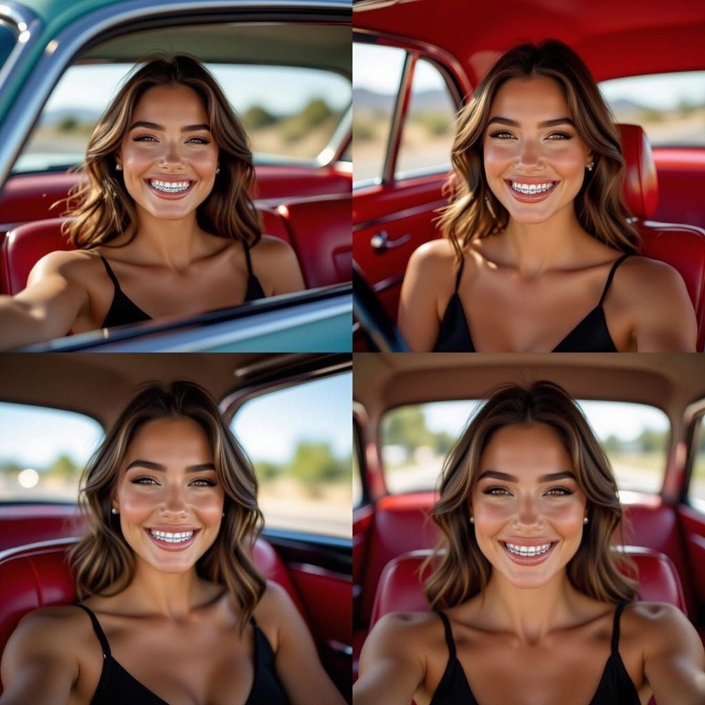 Woman Smiling in Car with Braces, Cinematic Style
