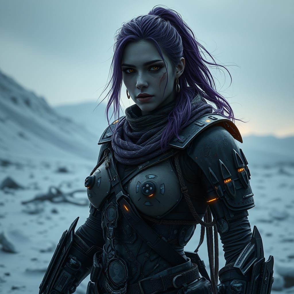 Cyborg Warrior in Frozen Wasteland: Dark Fantasy Art