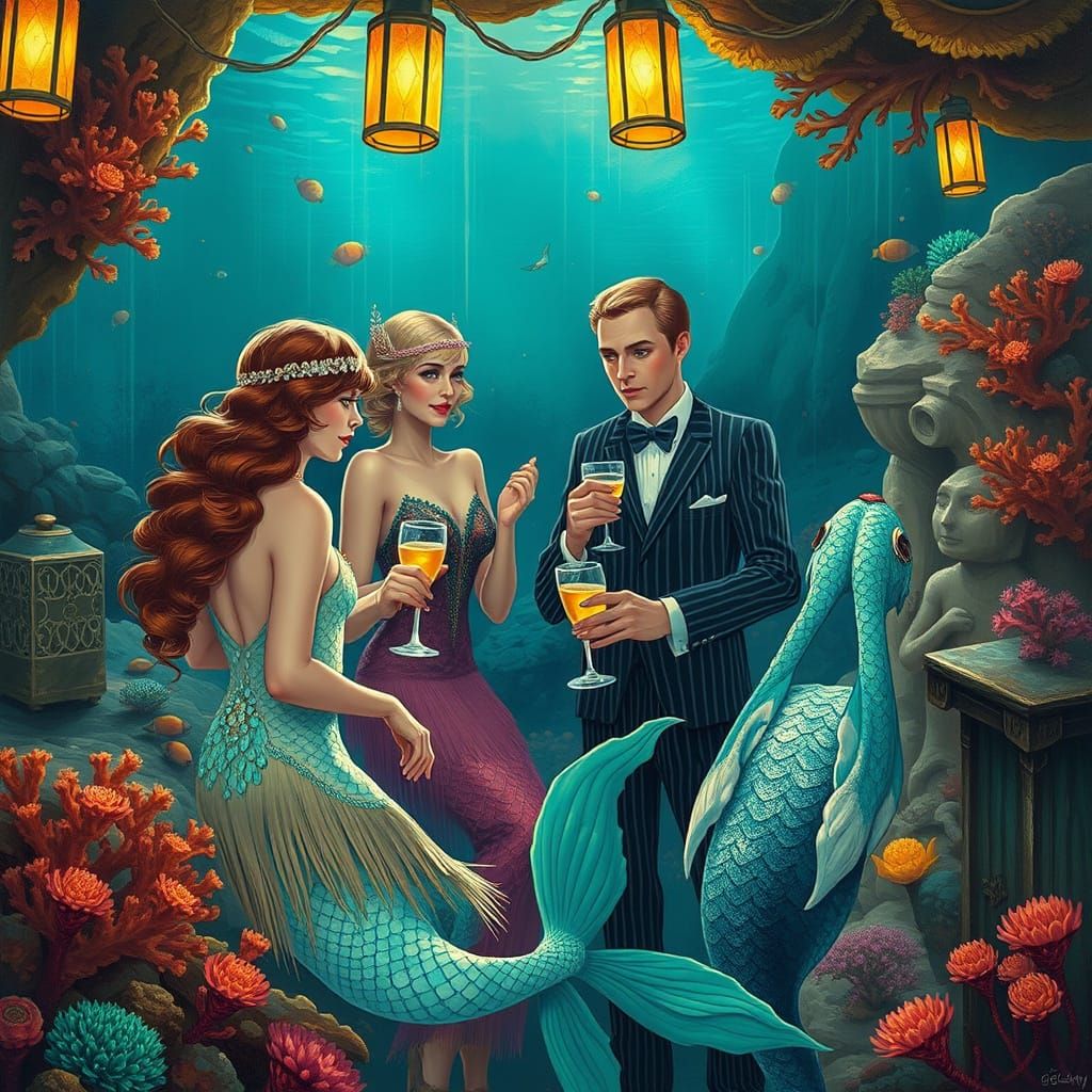 Underwater Speakeasy with Mermen in Graffiti Art Style