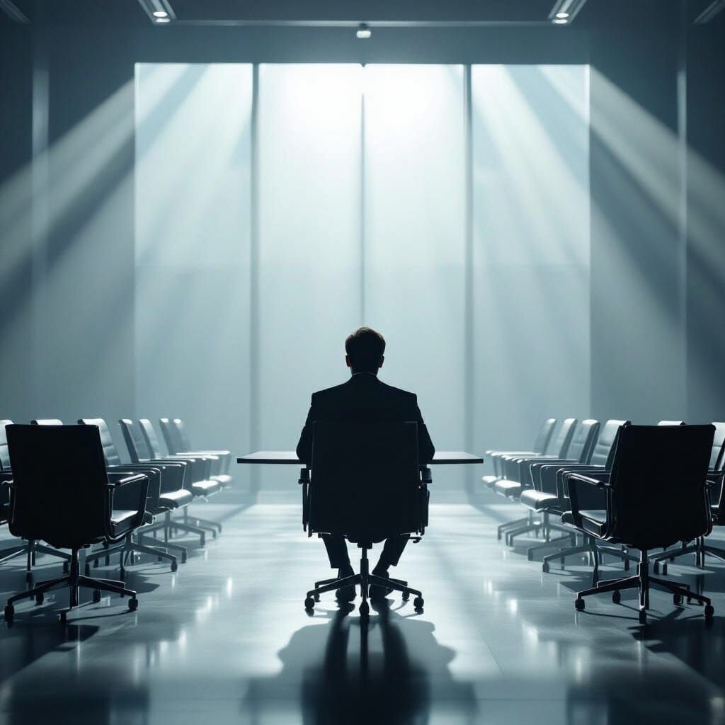 Lone Business Leader in Dramatic Meeting Room Lighting