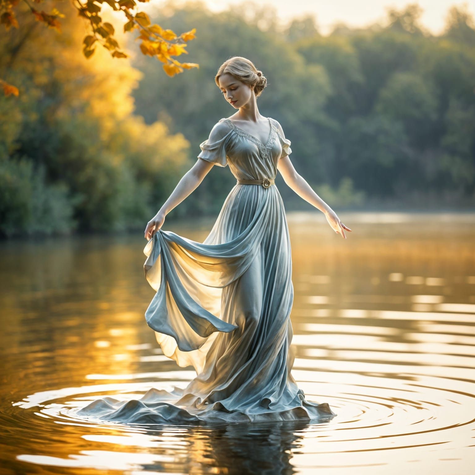 The scene depicts a breathtaking porcelain figurine set agai...