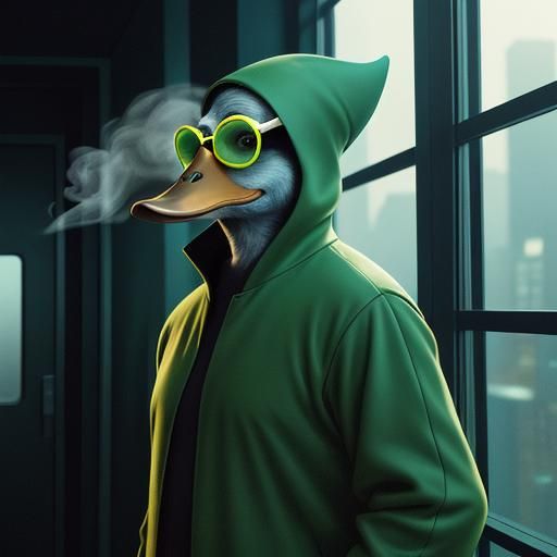 Anthropomorphic Duck Farts Green Smoke: Pixar-Inspired Art