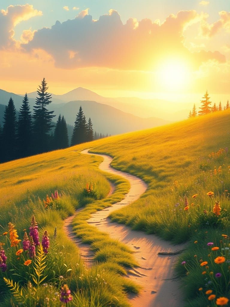 Peaceful Winding Path Through Vibrant Wildflowers