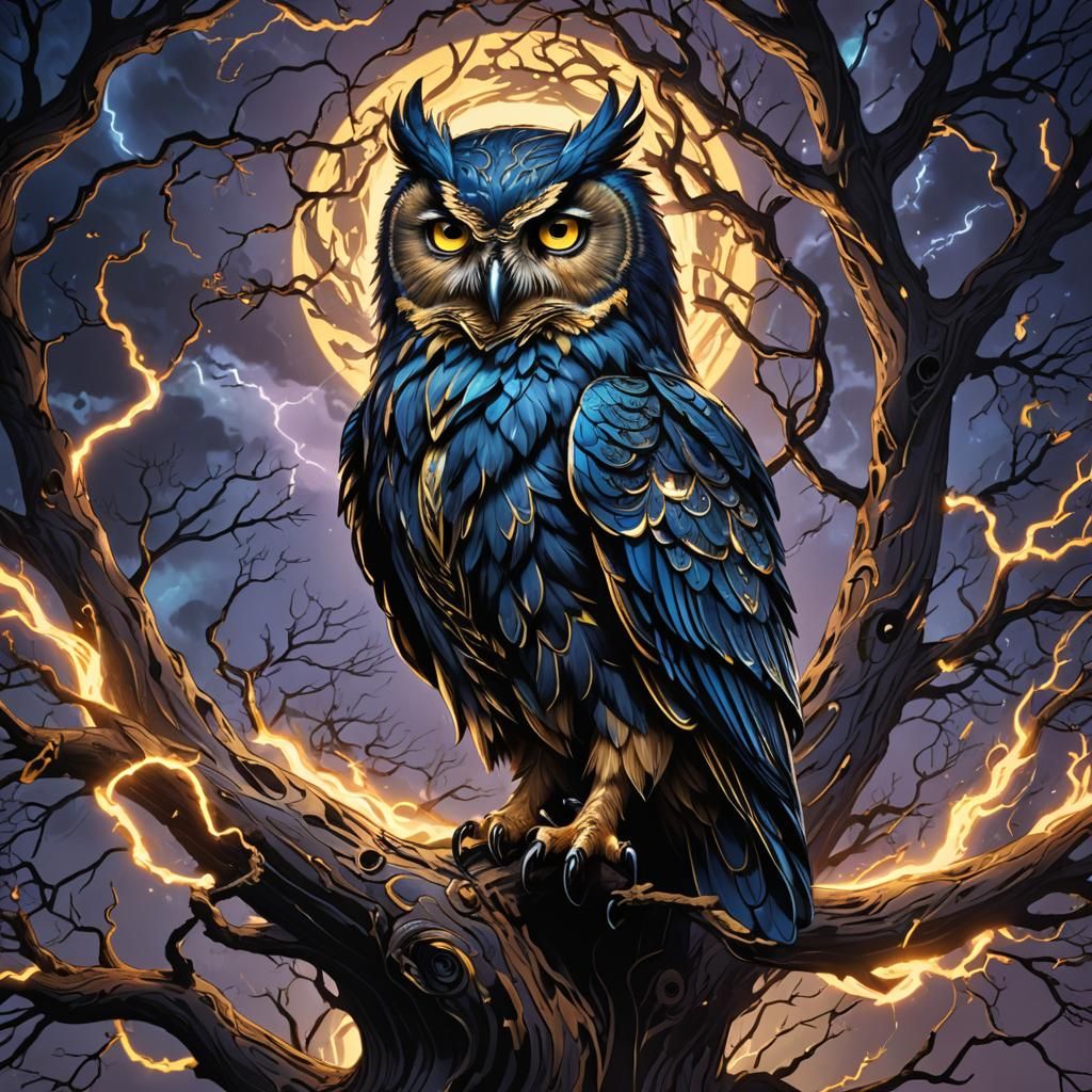 Lightning Owl on Ancient Tree in Art Nouveau Style