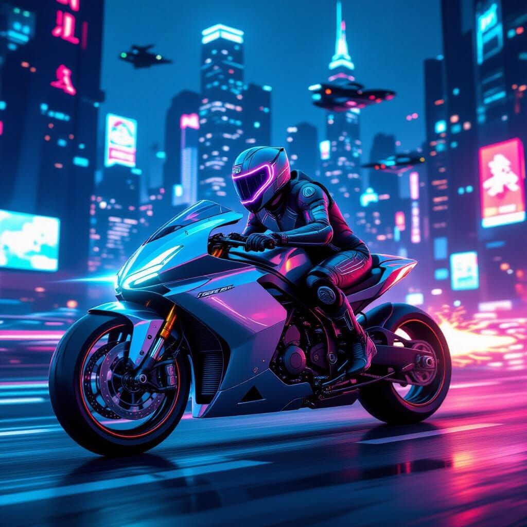 Futuristic Motorcycle Speeds Through Neon Cityscape