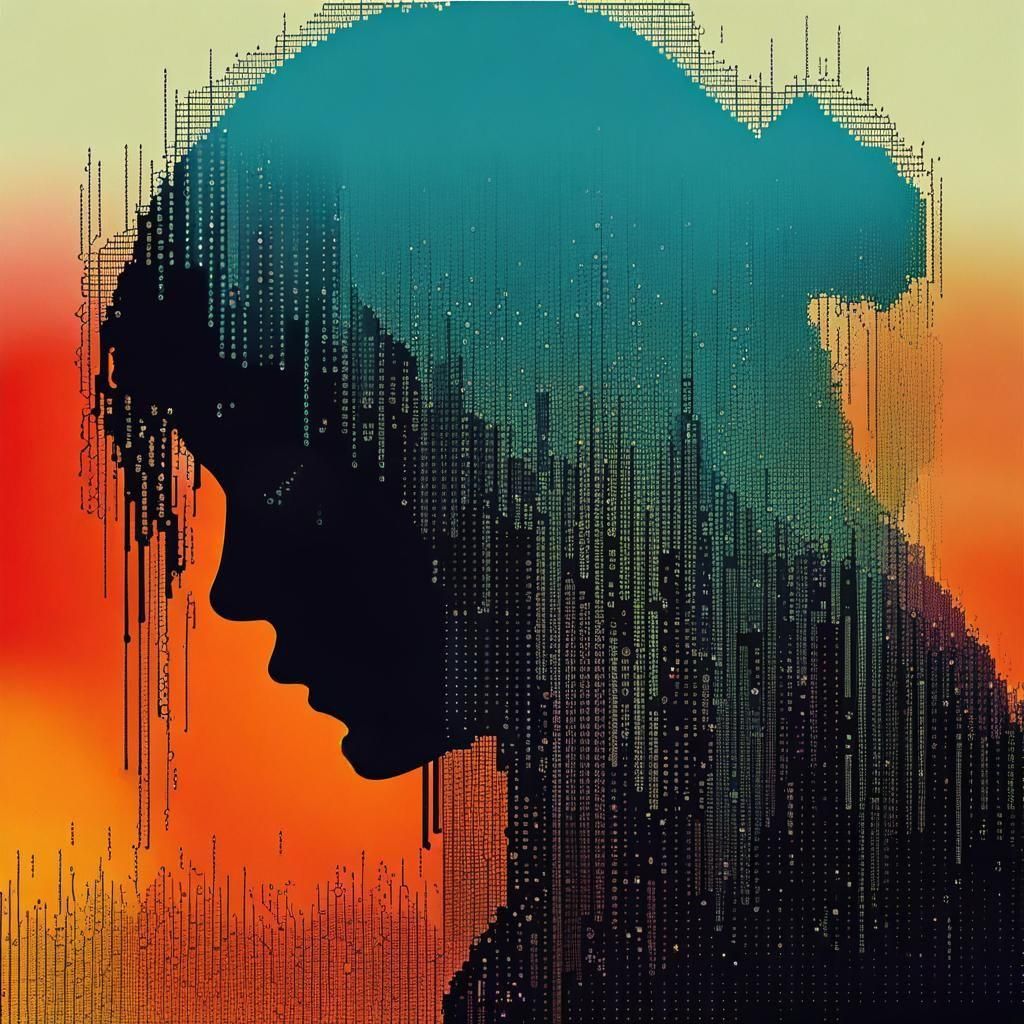 Melancholic Code Rain Portrait in Crayon Colors