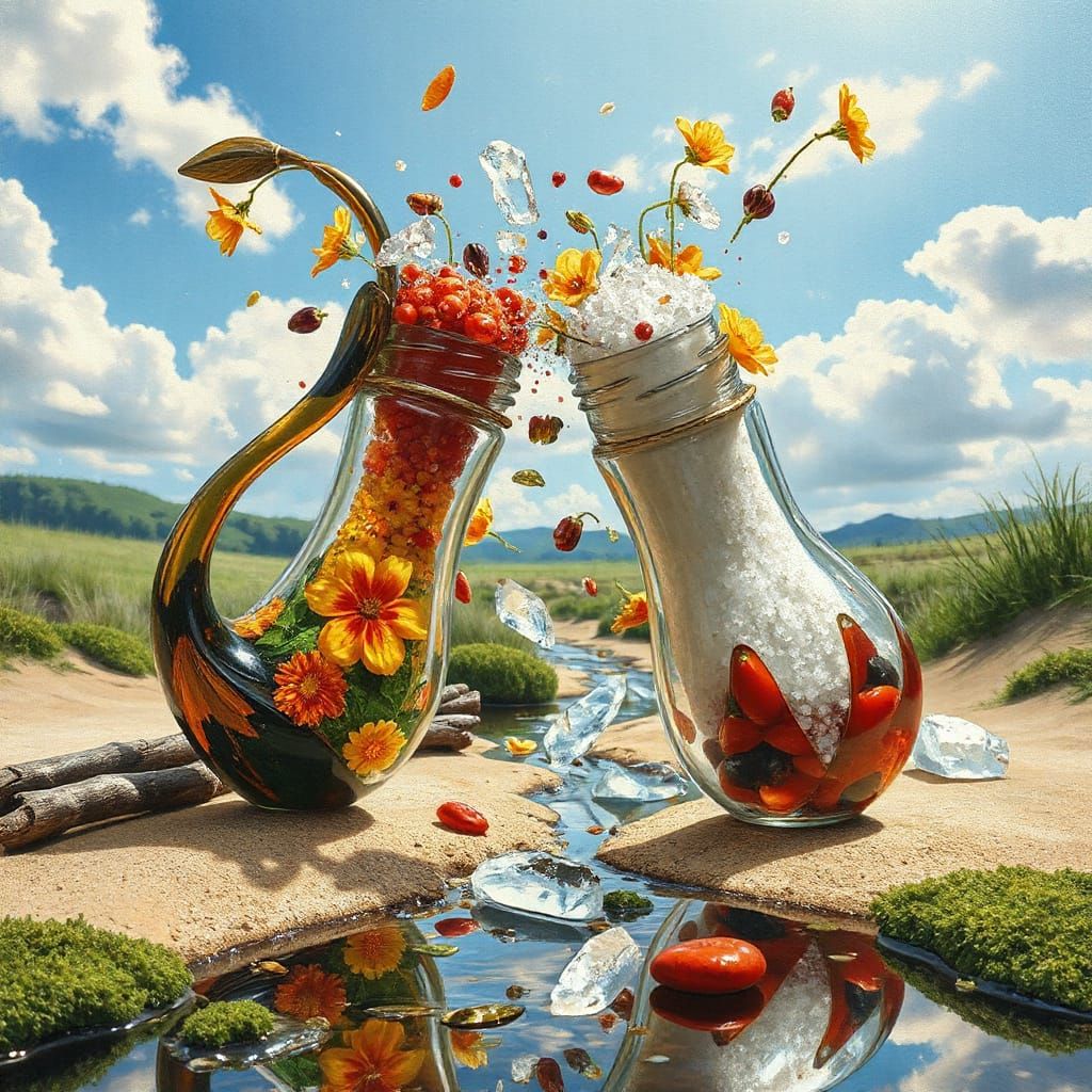 Glass Sculptures Merge in Gouache Style Landscape