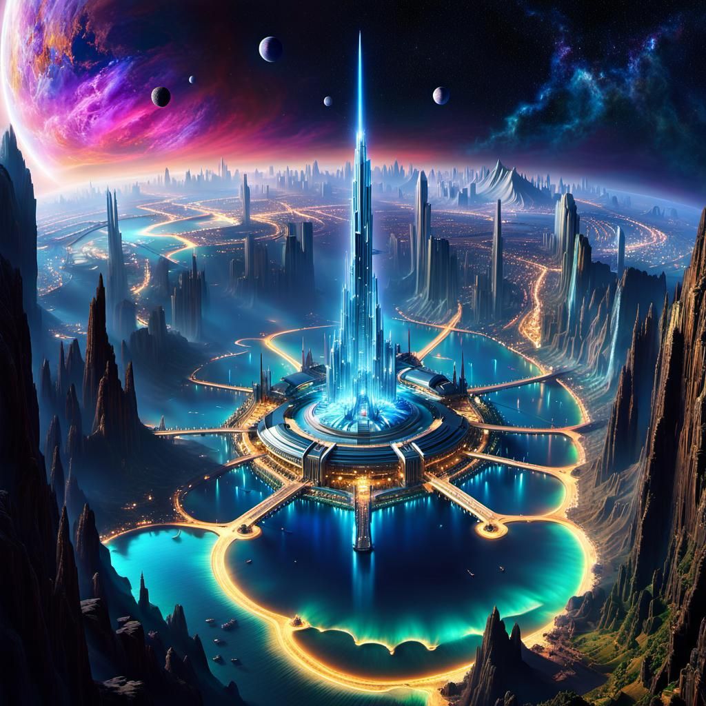 Futuristic Megacity on Distant Planet in Psychedelic Art
