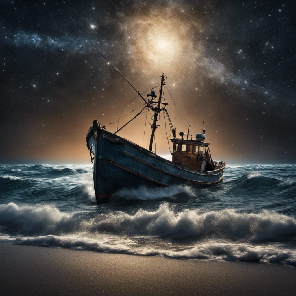 Fishing Boat Under Comet in Starry Ocean