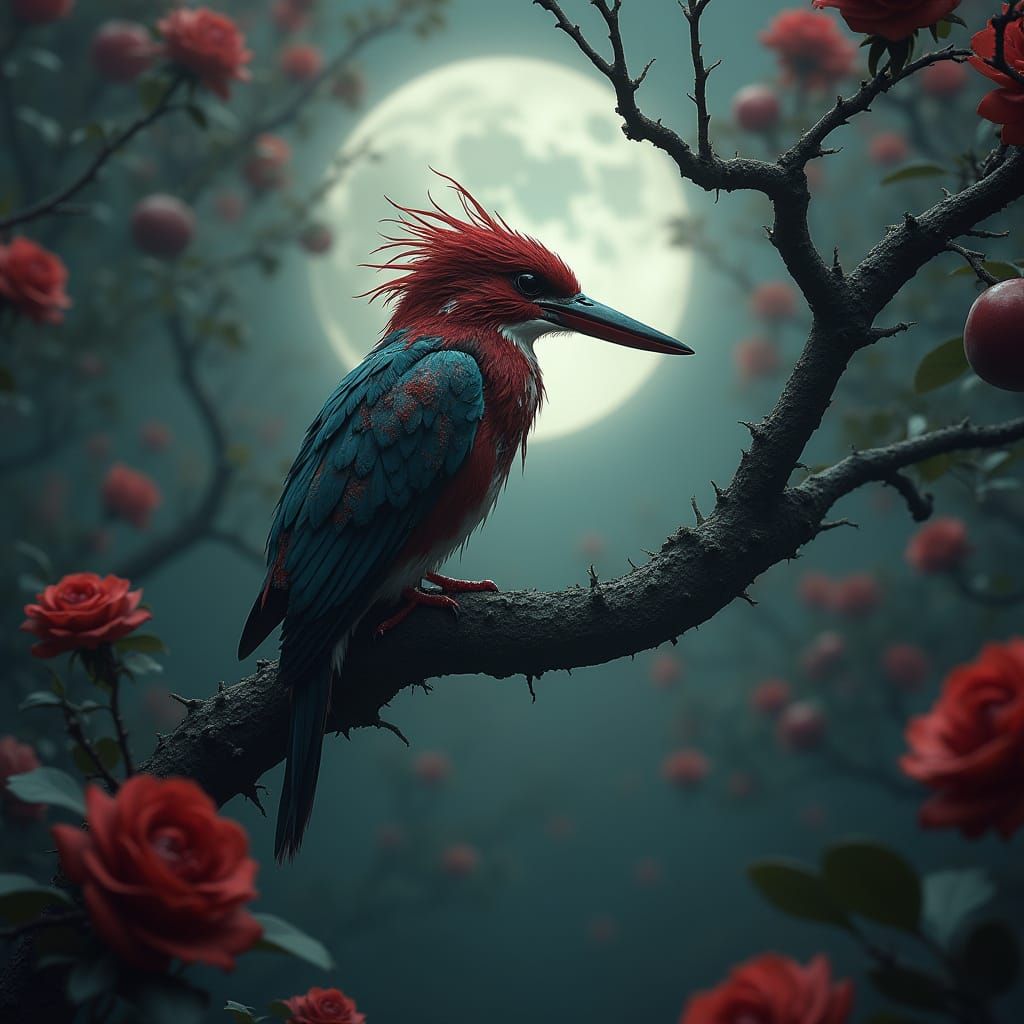 Mystical Zombie Kingfisher in a Crimson Rose Halo