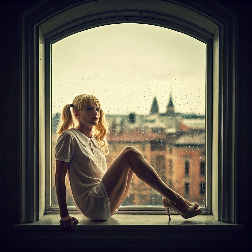 Young Man Embracing Femininity in Elegant Minidress, Antique...