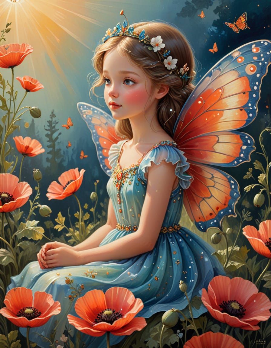 Butterfly Princess on Poppy in Tempera Style