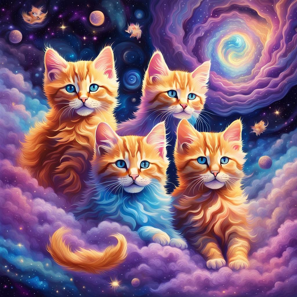 Cosmic Kittens Floating in Celestial Nebula