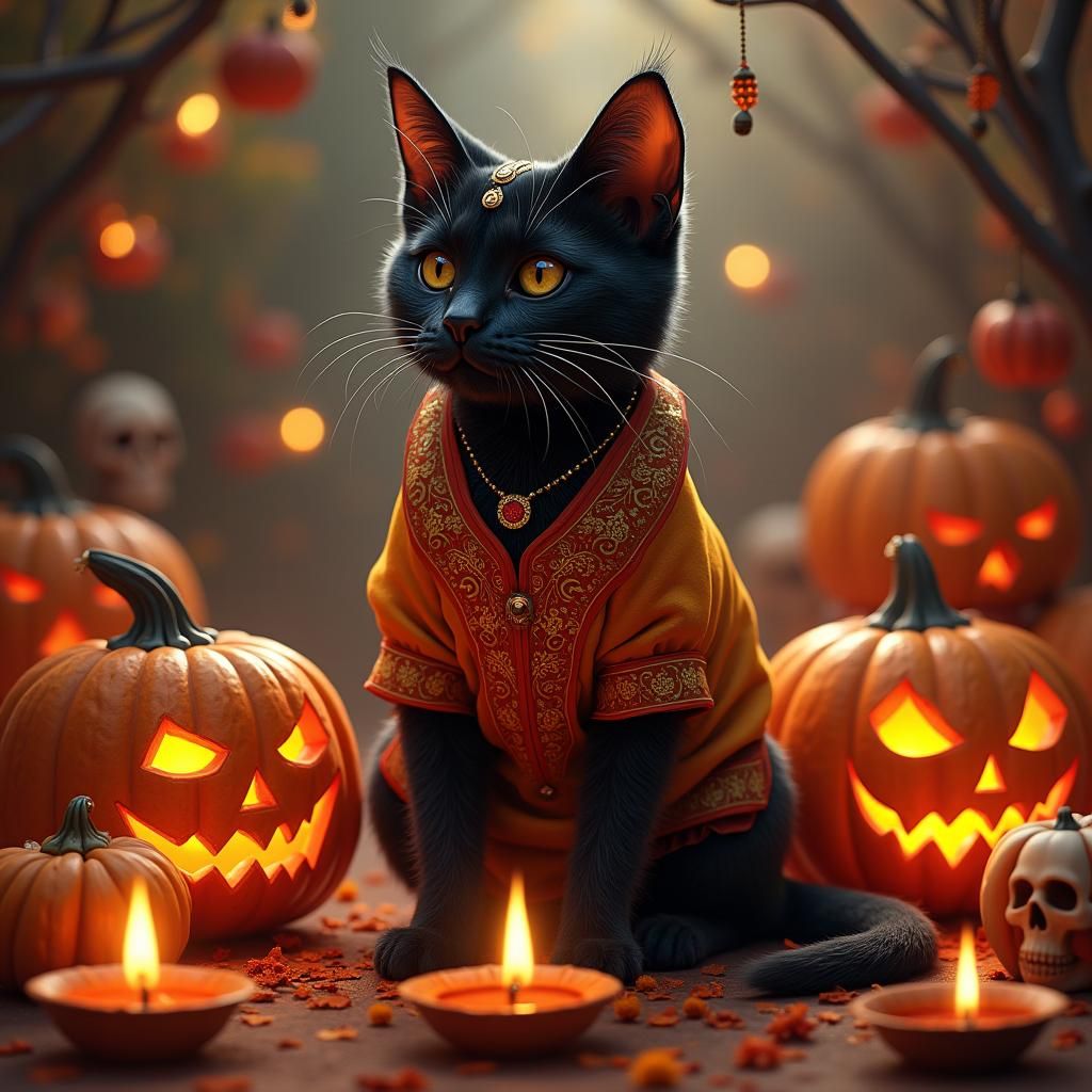 Diwali Cat Amidst Halloween Jack-o-Lanterns