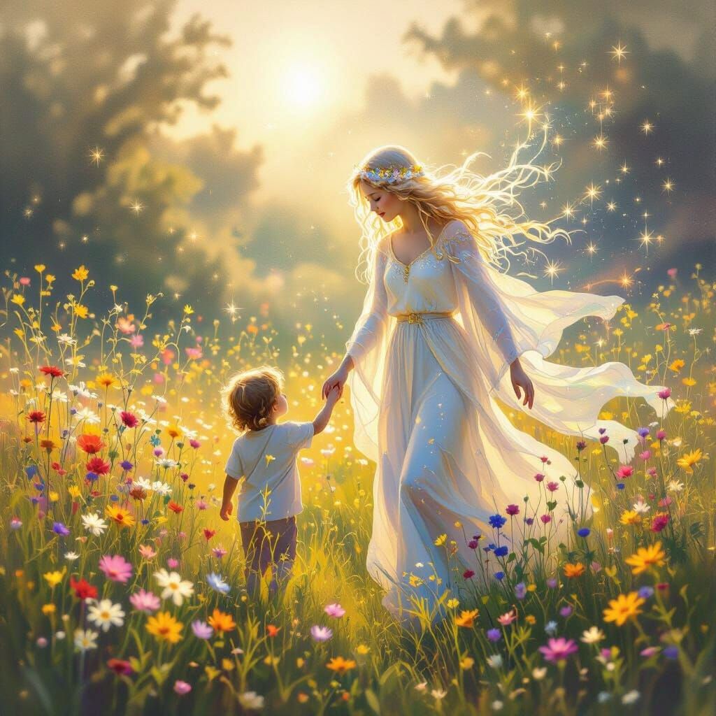 Celestial Being Guides Child Through Sunlit Pasture