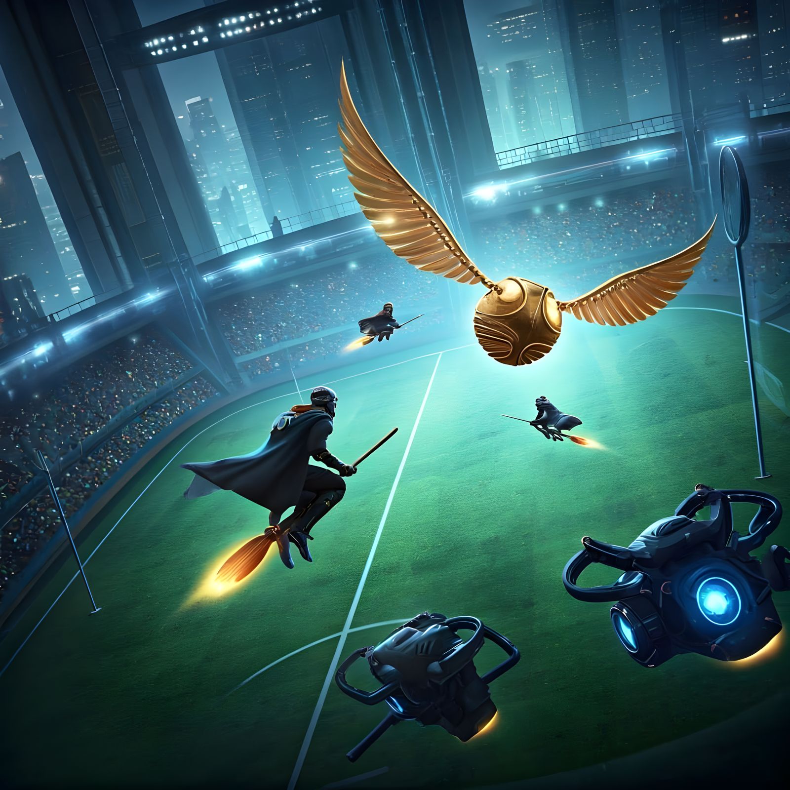 Futuristic Quidditch Game in a City Stadium
