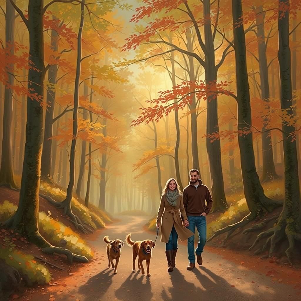 Autumnal Forest Stroll: Couple and Dog in Fantasy Landscape