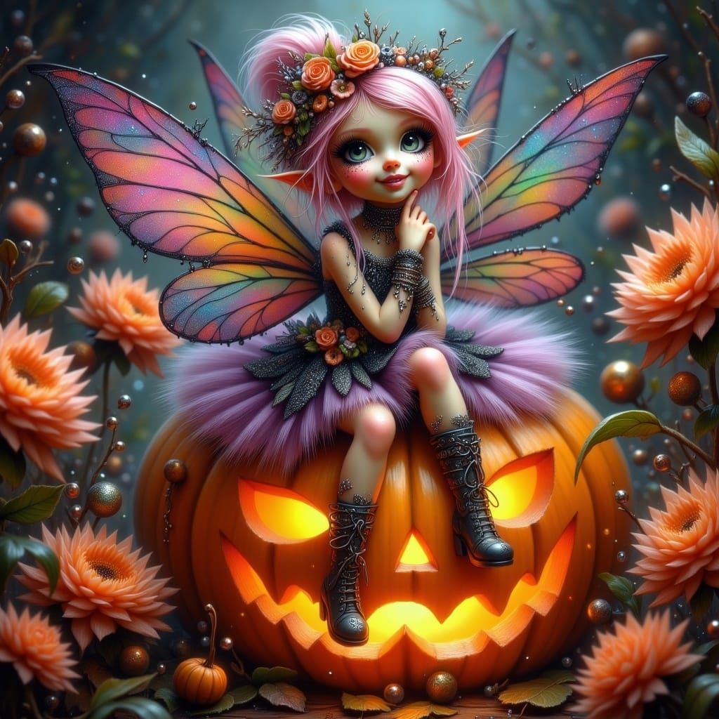 Fairy on Pumpkin in Ethereal Fantasy Style
