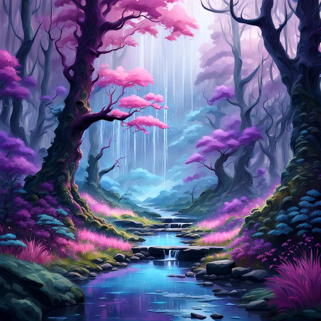 Rainy Forest Watercolor Painting in Pink and Purple