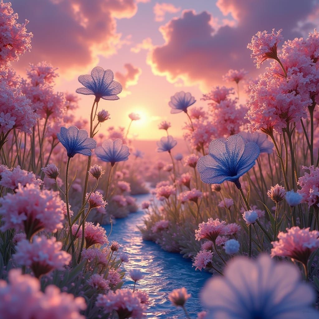 delicate blue translucent flowers in the soft purple evening light, by Gustav Klimt, Anna Silivonchik, Frances MacDonald...