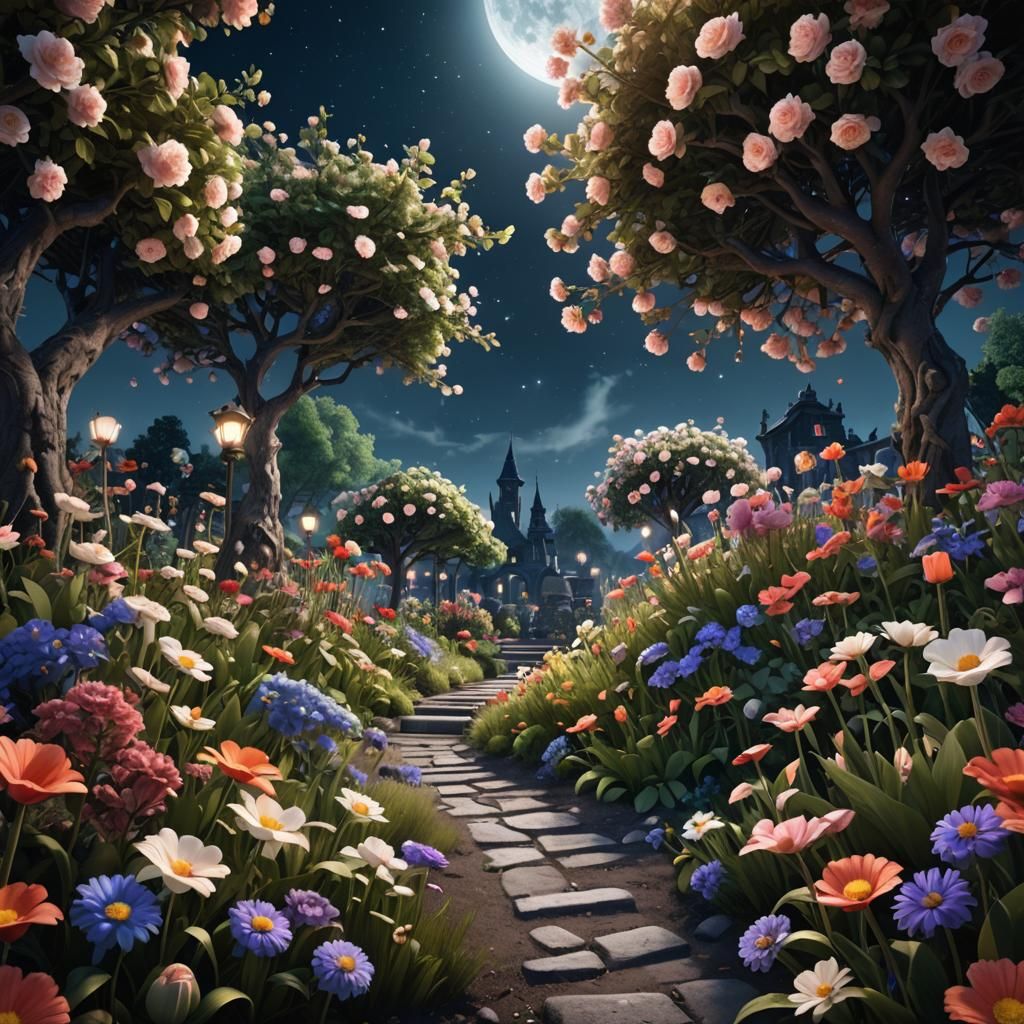 Moonlit Garden in Detailed 3D Render