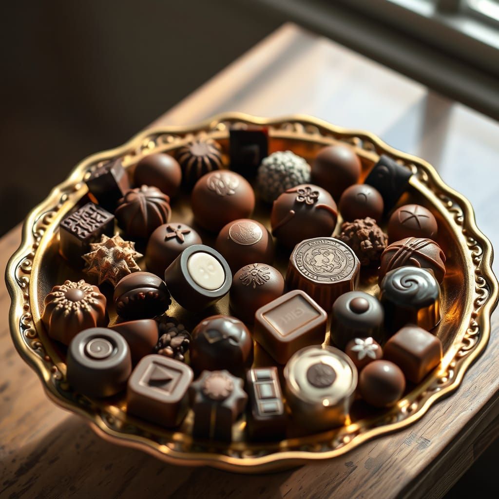 Artisanal Chocolates on Golden Tray Still Life