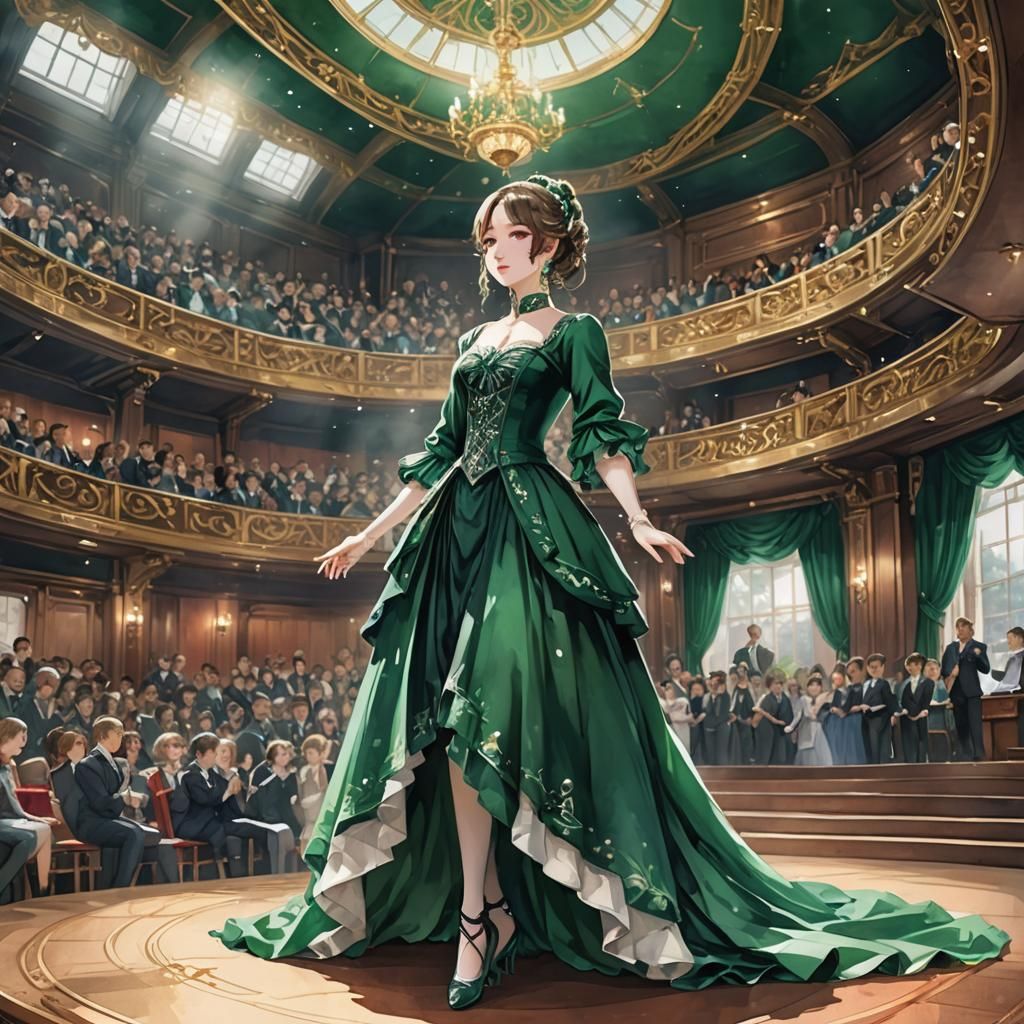 Opera Singer in Emerald Green: Watercolor Anime Art