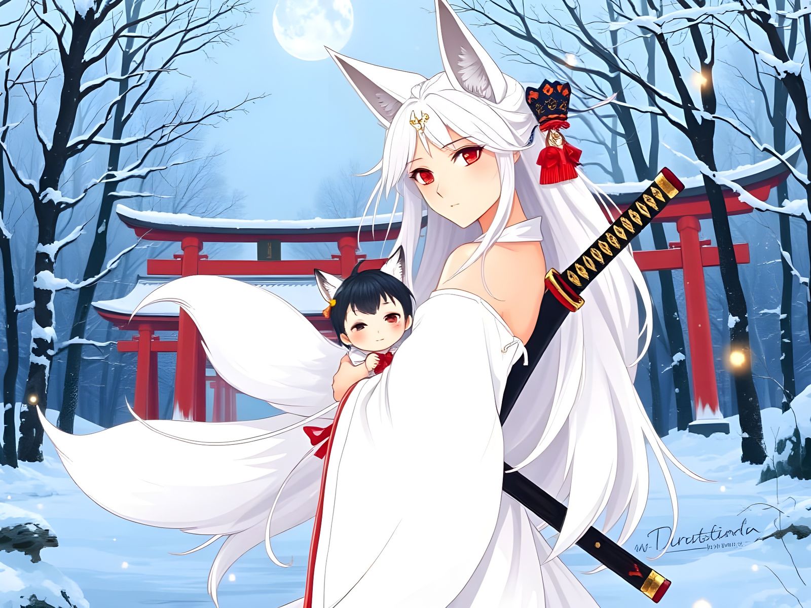 Mystical Kitsune Mother with Child in Anime Style
