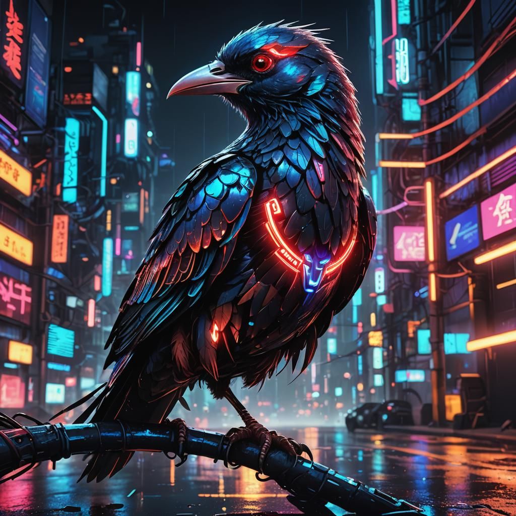 Cyberpunk Dark Matter Bird in Neon Cityscape