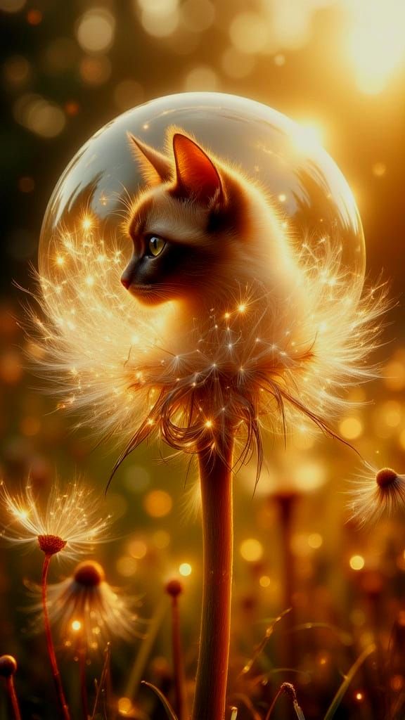 3D Double Exposure Cat in Dandelion Globe Art