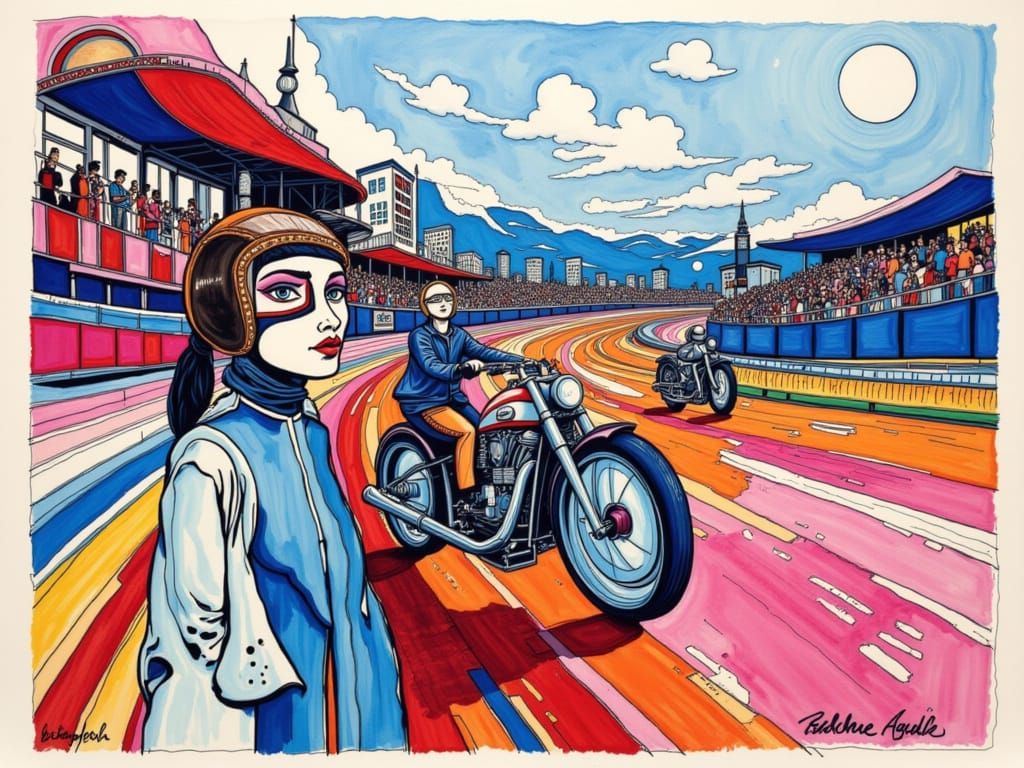 Surreal Motorcycle Racer in Psychedelic Alcohol Ink Style