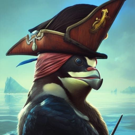 Detailed Pirate Penguin Portrait on Ship