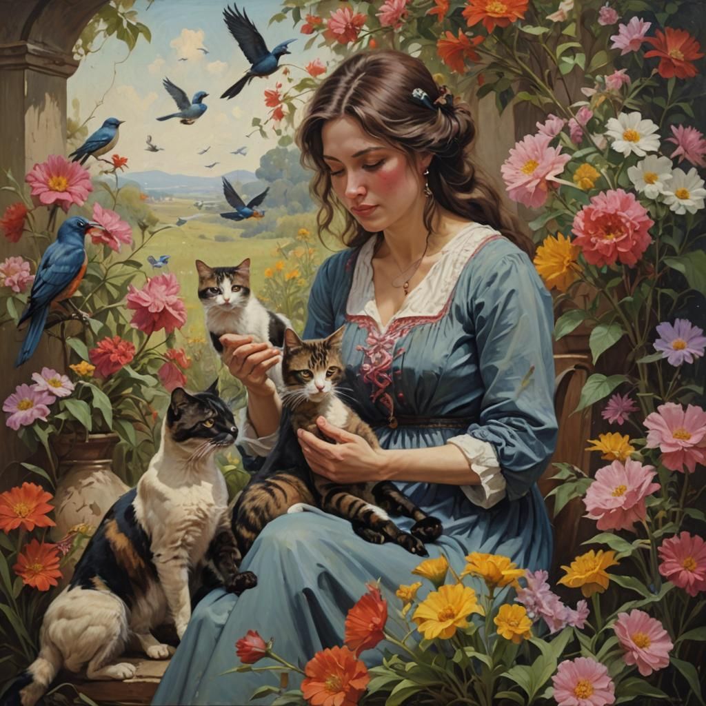 Woman with Pussycat Flowers, Oil Painting