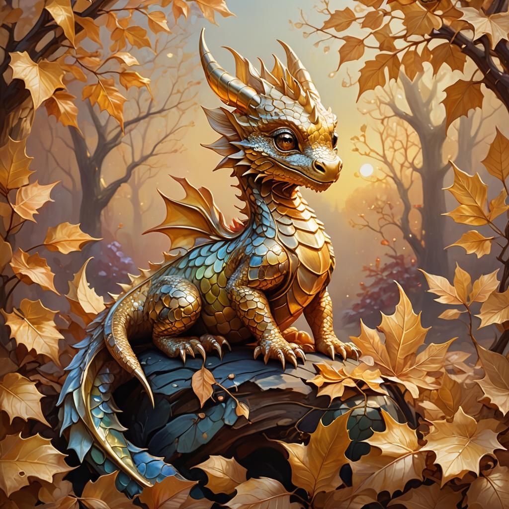Baby Dragon in Autumn Leaves: Fantasy Oil Painting