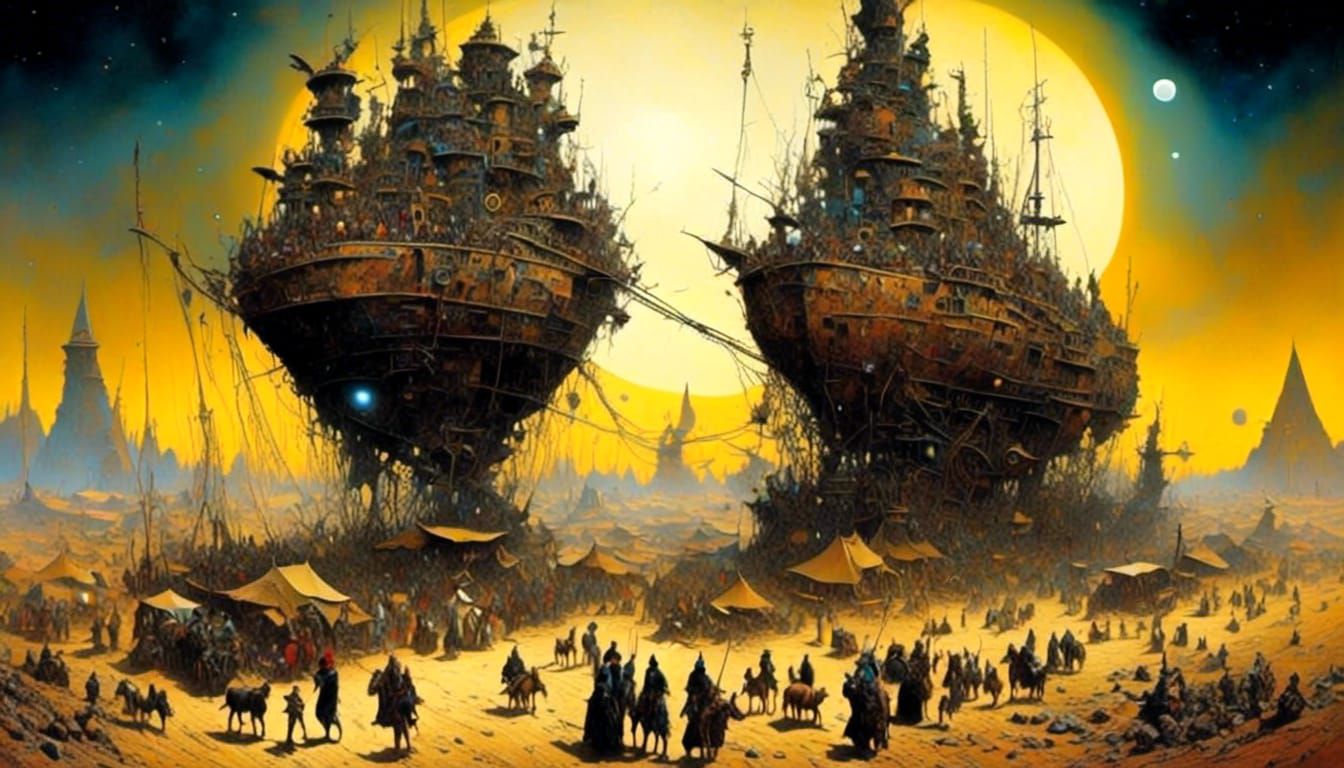 Surreal Cosmic Israelites Building Pyramids as Impasto Art