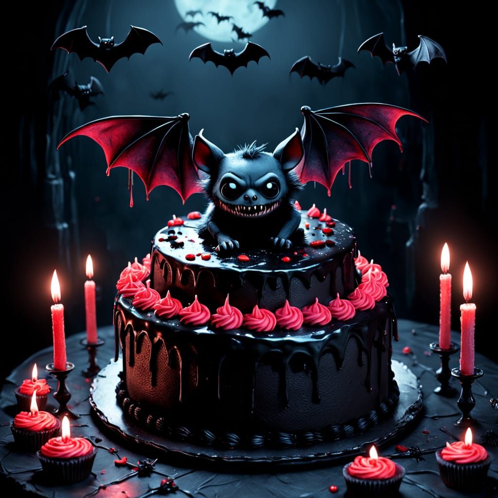 Macabre Birthday Bat Cake in Surreal Gothic Style
