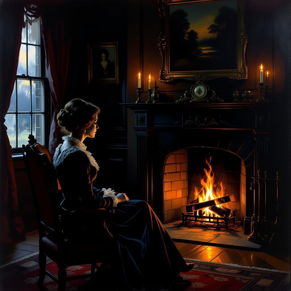 Mrs. Parker by Firelight in Dark Mansion