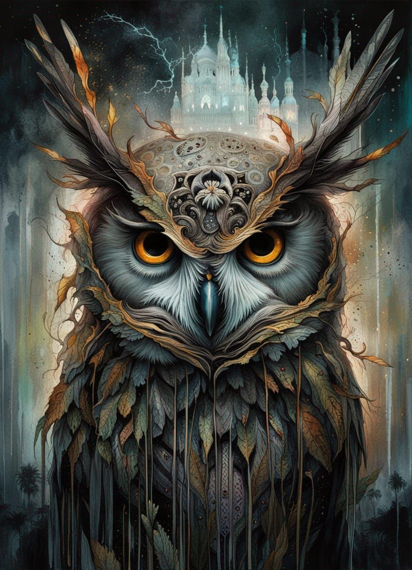 Celestial Undead Owl Gouache Illustration